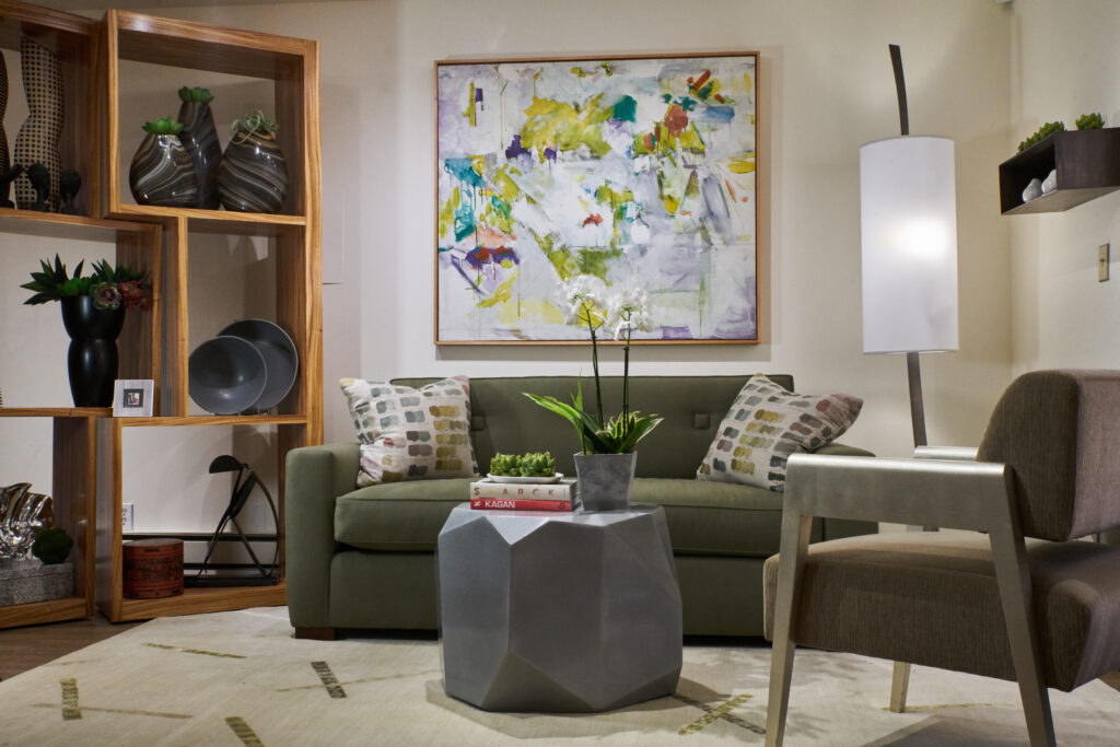 Interior design studio in Tiburon, located at The Ark Row Shopping center in the San Francisco Bay Area. Featuring custom designed furniture, a chair, table, sofa, and also luxury home decor and paintings.