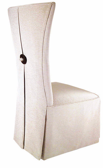 A custom designed and upholstered dining chair, representing several floor samples of custom designed furniture available to purchase online or in-store at the Bay Area gallery located in Tiburon, California.